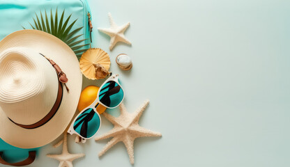 Sunny Summer Getaway: Vacation essentials including sunglasses, hat, Luggage, shells and starfish isolated on pastel blue background with space for text. Copy space. Travel concept - AI Generative