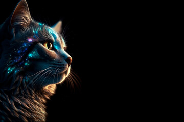 Gray cat on a dark background. Beautiful textured fur and glowing space lights. Pets concept. Animal portrait. copy space. Generative AI