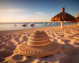 Fototapeta na wymiar Straw hat on sea beach background. AI generated