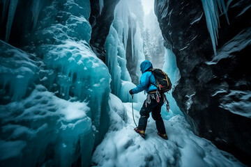 An ice climber climbs a frozen mountain peak, gets out of a hole with ice axes and special equipment. Illustration of an extreme sport. - obrazy, fototapety, plakaty