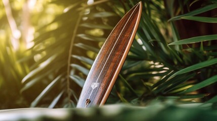 Surfboard on palm leaves background. Toned image. AI generated