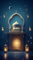 Obraz premium Lantern shape mosque, islamic congratulation card. Aid, Ramadan, Curban celebration banner with place fot text. AI generated