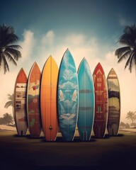 Surfboards on sea beach and palm trees background. Toned image. AI generated
