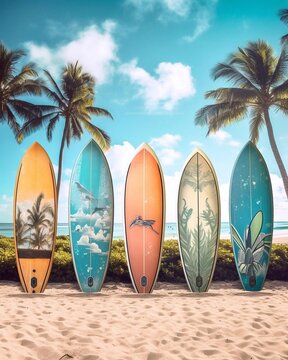 Surfboards on sea beach and palm trees background. AI generated