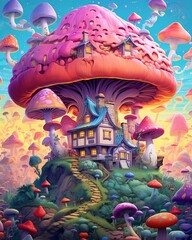 A painting of a mushroom house colorfull and beautiful generated ai