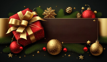 Merry Christmas and Happy New Year Promotion Poster or banner with red gift box and christmas element for Retail,Shopping or Christmas Promotion in red and gold style. (ai generated)