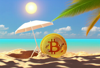 3d bitcoin coin model in a beach sunny day criptocoin criptomoney criptocurrency