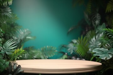 podium leaf green design wooden platform up space palm color mock. Generative AI.