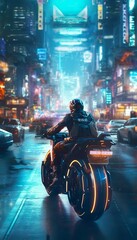 Fototapeta na wymiar Futuristic Man on a Bike in The Midnight-City