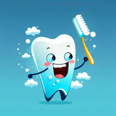 Dente sorridente segurando uma escova de dente em um fundo azul - ai generativa - obrazy, fototapety, plakaty