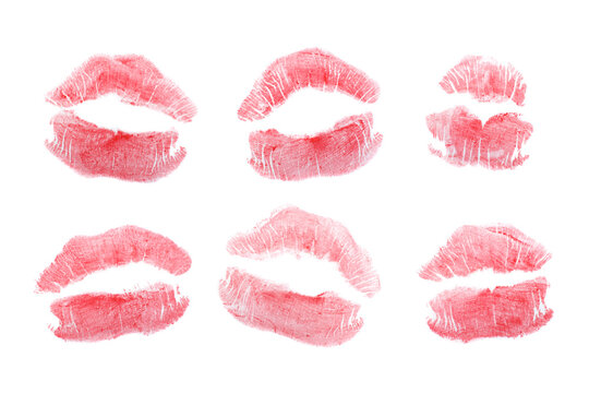 Set of kiss prints with red lipstick isolated on white