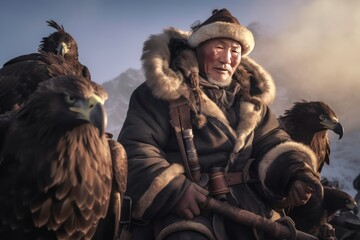 Fototapeta premium group people of Traditional Mongolian eagle hunters. Generative Ai 