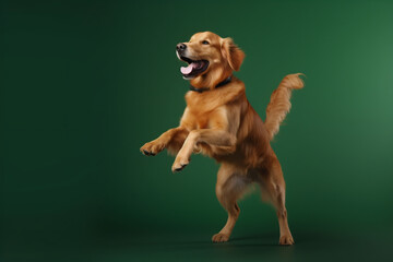 Happy dog ​​jumping on a green background. 
Great concept for banners for petshops and virtual stores in the pet niche. Generative AI
