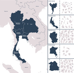 Vector color detailed map of Thailand with administrative divisions of the country, each region is presented separately in-highly detailed and divided into provinces