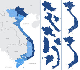 Detailed vector blue map of Vietnam with administrative divisions into regions and Provinces of the country
