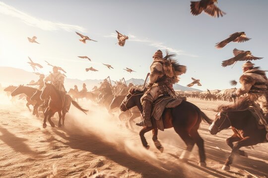 Horse ride in the desert Traditional Mongolian eagle hunter. Generative Ai 