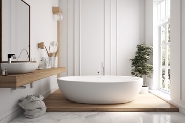Naklejka na ściany i meble home white interior luxury architecture bathtub wood bathroom modern house cabinet. Generative AI.