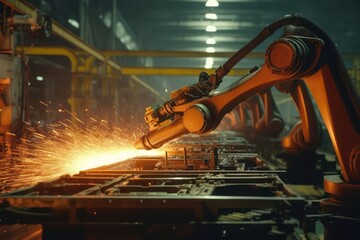 The robot arm welds structures in a modern production facility with Ai Generated.