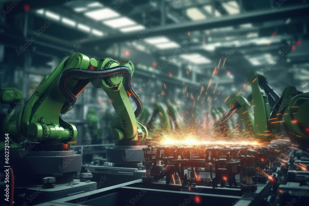 Poster green robotic arm welder at work in the factory with ai generated. - Posters
