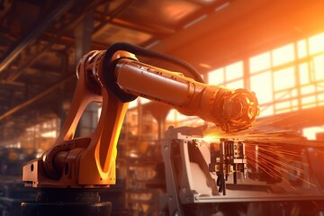 The robotic arm in a factory welds steel with Ai Generated.