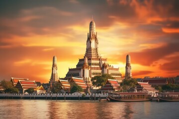 Obraz premium Sunset Wat Arun Ratchawararam Ratchaworamahawihan, Bangkok, Thailand, on the banks of the Chao Phraya River with Ai Generated