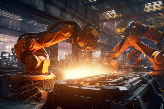 The robotic welder working in the factory with Ai Generated