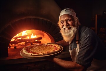 Mature male smiling making pizza at the front oven Italian style with Ai Generated.