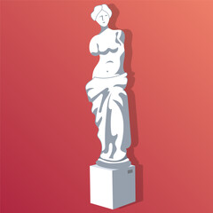 White female sculpture isolated on red background. Venus statue - Roman Goddess of Love. Vector illustration.