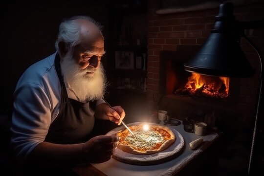 Beautiful long white bearded Italian chef making pizza in the front traditional oven with Ai Generated