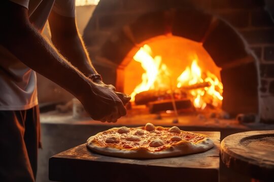 Close-up hands of the chef making pizza at front oven with Ai Generated