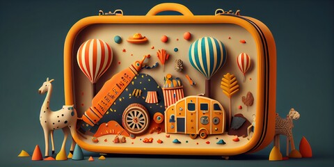 Magic suitcase. Circus, amusement park. Fantasy.
