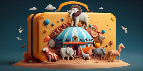Magic suitcase. Circus, amusement park. Fantasy.