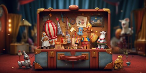 Magic suitcase. Circus, amusement park. Fantasy.