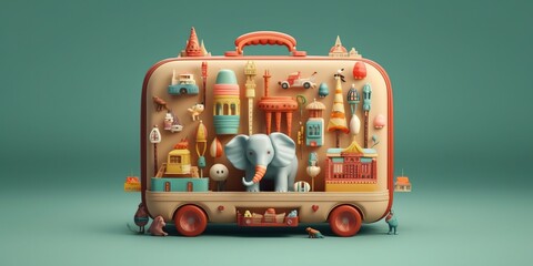 Magic suitcase. Circus, amusement park. Fantasy.