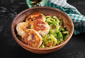 Zucchini spaghetti pasta  with chicken meatballs in bowl.