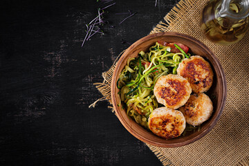Zucchini spaghetti pasta  with chicken meatballs in bowl. Top view. Flat lay