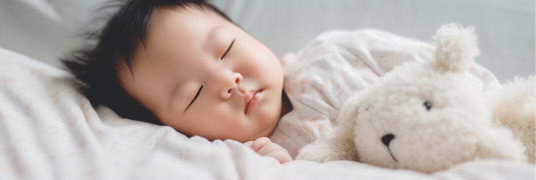 Baby Sleeping on Bed with Teddy Bear Toy at Cozy  Home Bedroom. Little Child Peacefully daytime sleeping. generative ai