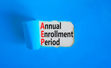 AEP symbol. Concept words AEP Annual enrollment period on beautiful white paper. Beautiful blue...