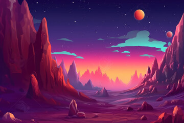 Fototapeta premium Alien planet surface, futuristic landscape background with glowing moon or satellite above rock cliff in dark starry sky. Fantasy mountains, book or computer game scene, Cartoon vector illustration