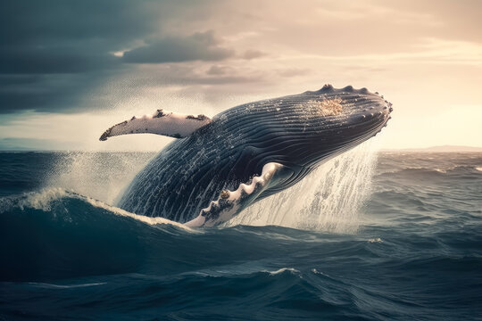 Ballena jorobada saltando en el oc&eacute;ano al atardecer, sobre fondo de horizonte gris nuboso