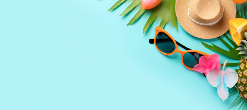  fondo turquesa con un Sombrero de paja veraniego ,gafas de sol naranjas  y hojas de palmera . concepto de vacaciones de verano