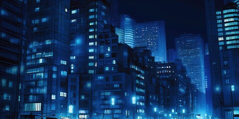 Fototapeta na wymiar Night city. Cityscape. Blue, azure buildings. Generative AI. 