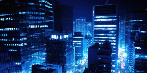 Night city. Cityscape. Blue, azure buildings. Generative AI. 