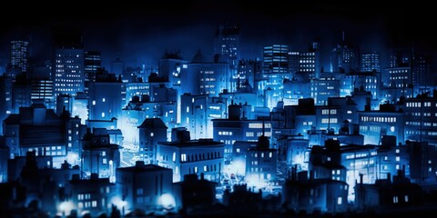 Night city. Cityscape. Blue, azure buildings. Generative AI. 