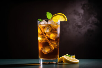 Long Island ice tea cocktail drink with vodka, rum, tequila, gin, liquor, lemon juice, cola and ice with lemon slice and mint in highball glass. Beige background, hard light, bar tools 