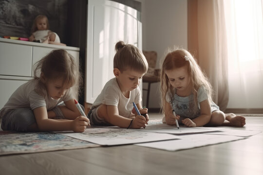 Colorful Collaboration: Children Kids Sister and Brother Creating Art Together on the Floor. Experience the joy of shared creativity and artistic expression. AI Generative