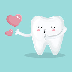 Romantic cartoon tooth character sending kisses and hearts. Vector kawaii style illustration. Good for website, design, social media. Stomatology, dental concept. Adorable tooth icon.