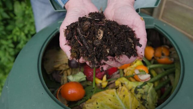 Close Up Of Man Holding Sustainable Compost Made From Household Food Waste
