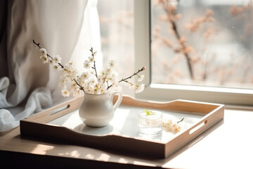 Spring still life composition. Greeting card mockup on wickered tray, cup of coffee. Feminine styled photo. Floral scene with blurred white cherry tree blossoms on bench near window. Selective focus