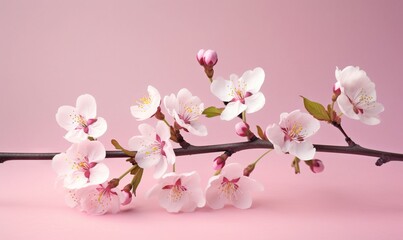 Naklejka premium a branch with white and pink flowers on it on a pink background. generative ai